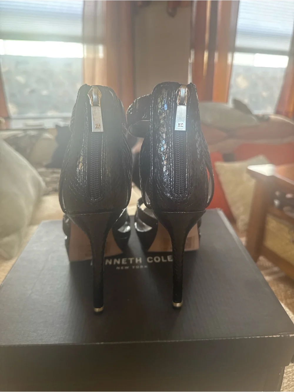 Kenneth Cole Black Snake-Embossed Platform Stiletto Sandals